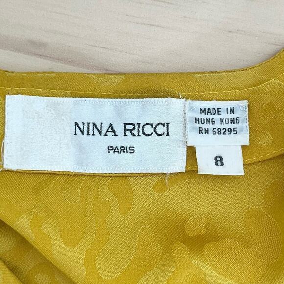 Vintage Nina Ricci 100% Silk Jacquard Long Sleeve‎ Blouse in Yellow, Size 8 - Picture 3 of 14